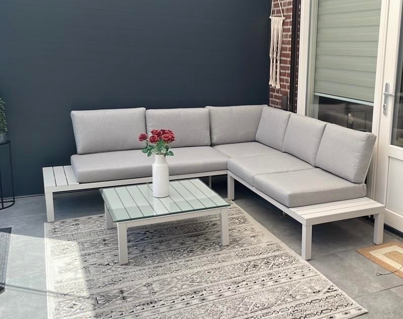 Luxe Aluminium Loungeset met Glazen Salontafel, 5 zitplaatsen, Aluminium, Ophalen of Verzenden, Zo goed als nieuw
