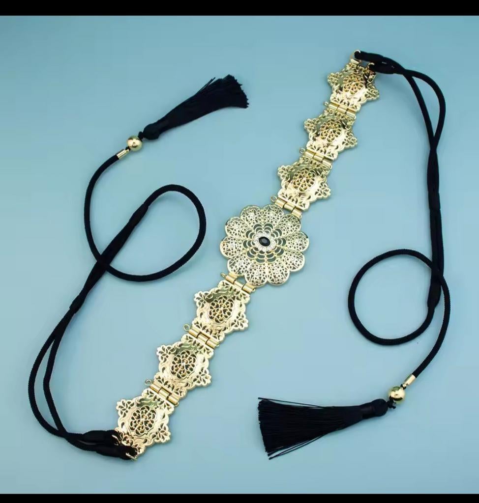 Elegante Marokkaanse Riem met Gouden Details en Kwastjes, Ophalen, Zwart, Nieuw, Tailleriem