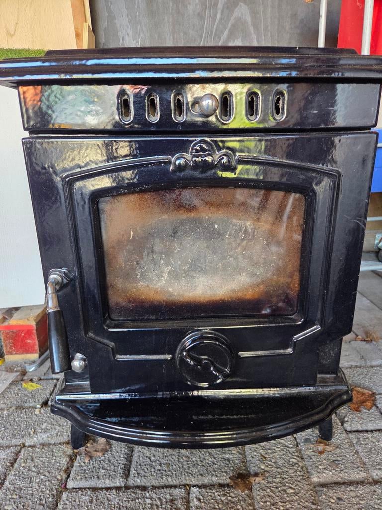 Olymberyl emaile donker blauw hout/cv kachel, Huis en Inrichting, Kachels, Ophalen, Hout, Houtkachel