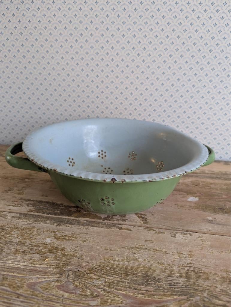 Vintage brocante groen emaille vergiet, Antiek en Kunst, Antiek | Emaille, Ophalen