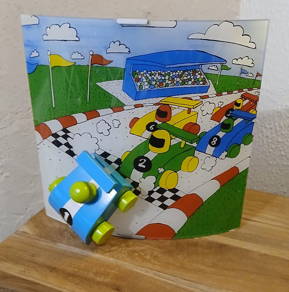 Lamp Wandlamp voor de kinderkamer met 3D raceauto, Ophalen of Verzenden, Zo goed als nieuw, Glas