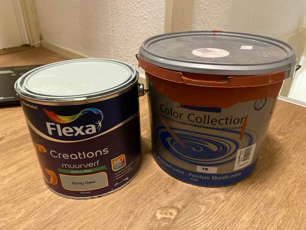 Restjes muurverf: terracotta en Early Dew (gratis), Ophalen, Gebruikt, Overige kleuren, Verf