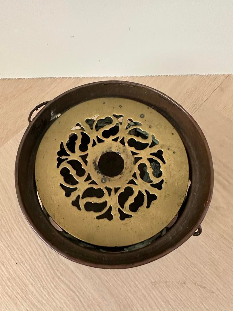 Antieke Koperen Rechaud met Sierlijk Brons Rooster, Antiek en Kunst, Ophalen of Verzenden, Koper