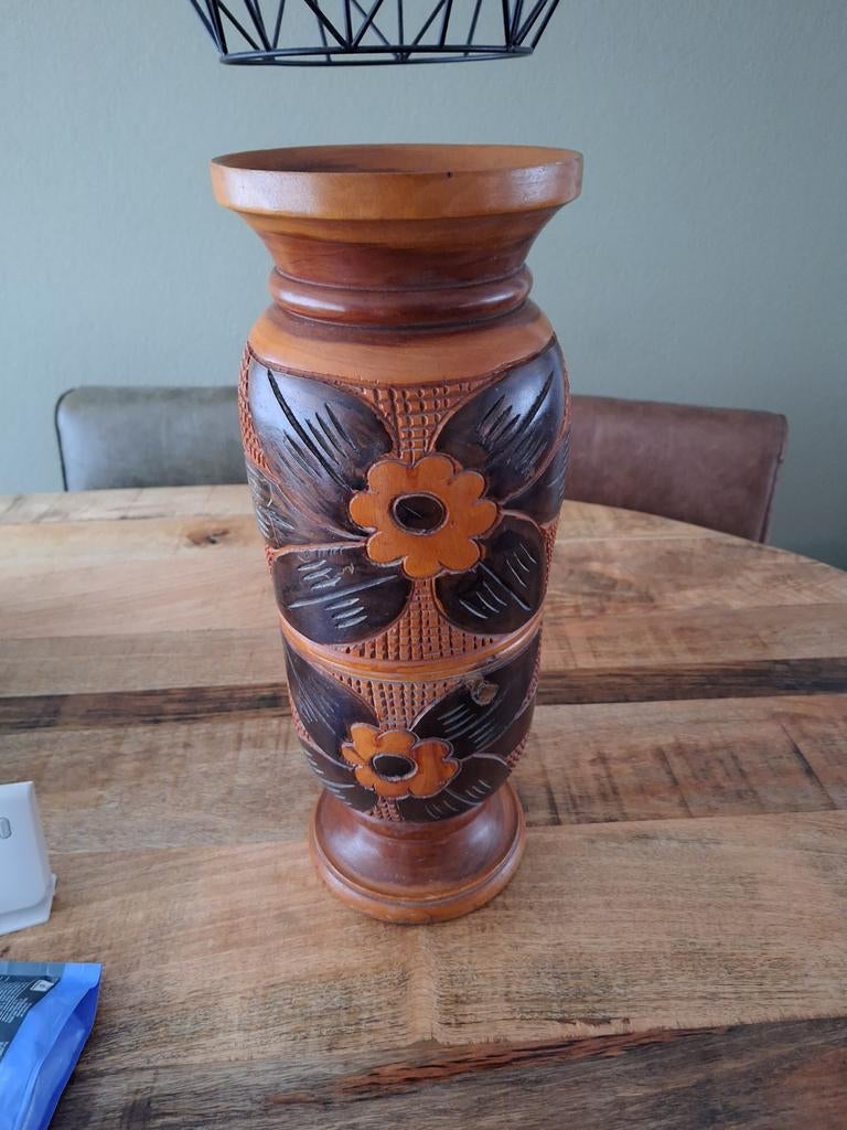 Houten Jugendstil Vaas met Bloemmotief, Ophalen of Verzenden