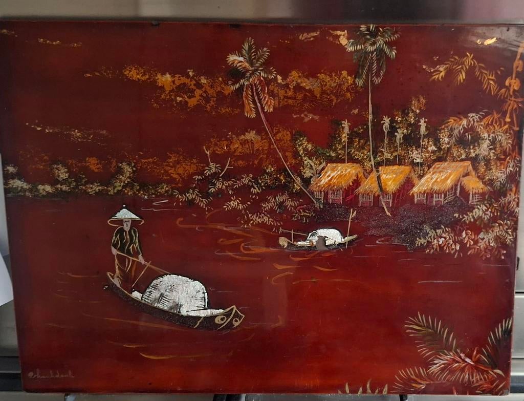 Vintage Vietnamees lakschilderij gesigneerd 40x30cm, Ophalen of Verzenden