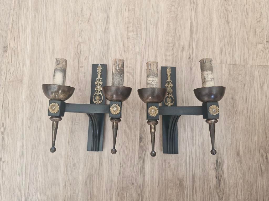 Twee gave antieke empire wandlampen met bronzen ornamenten, Ophalen of Verzenden