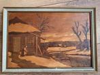 Mooi Antiek houten inleg schilderij - Boerin met landschap, Ophalen of Verzenden
