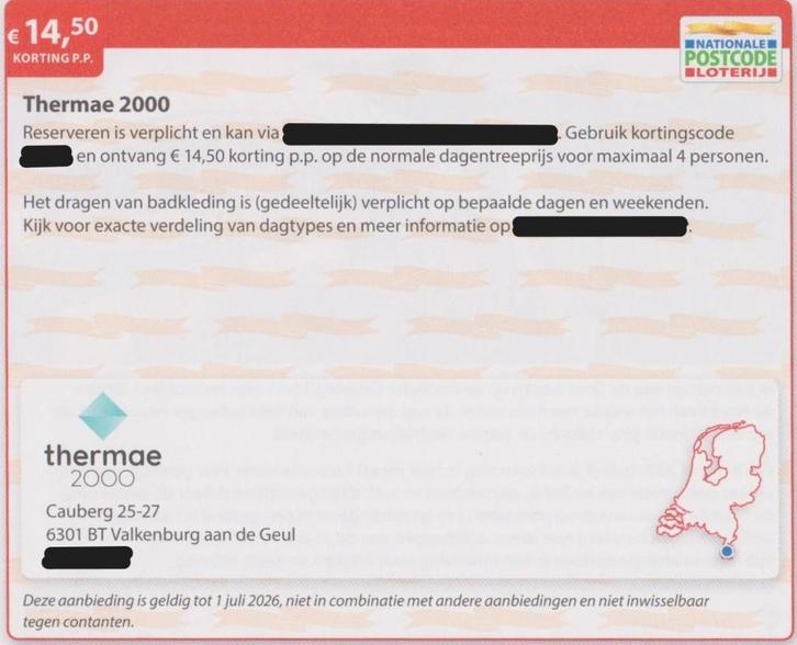 Thermae 2000. € 14,50 korting pp Postcodeloterij kortingsbon, Tickets en Kaartjes, Kortingen en Cadeaubonnen, Drie personen of meer