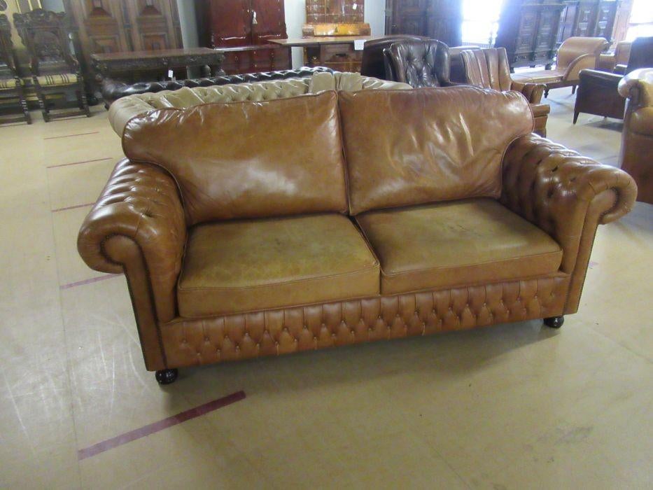 Oer 10171 grote vintage leren bank met capitonnering, Ophalen, Gebruikt, Driepersoons, Leer