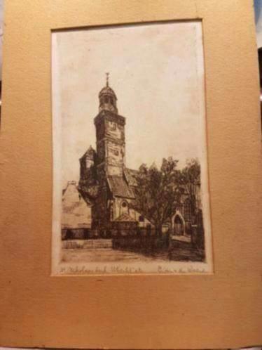 Ets St. Nicolaaskerk Utrecht C.M. v. d. Woerd., Antiek en Kunst, Kunst | Etsen en Gravures, Ophalen