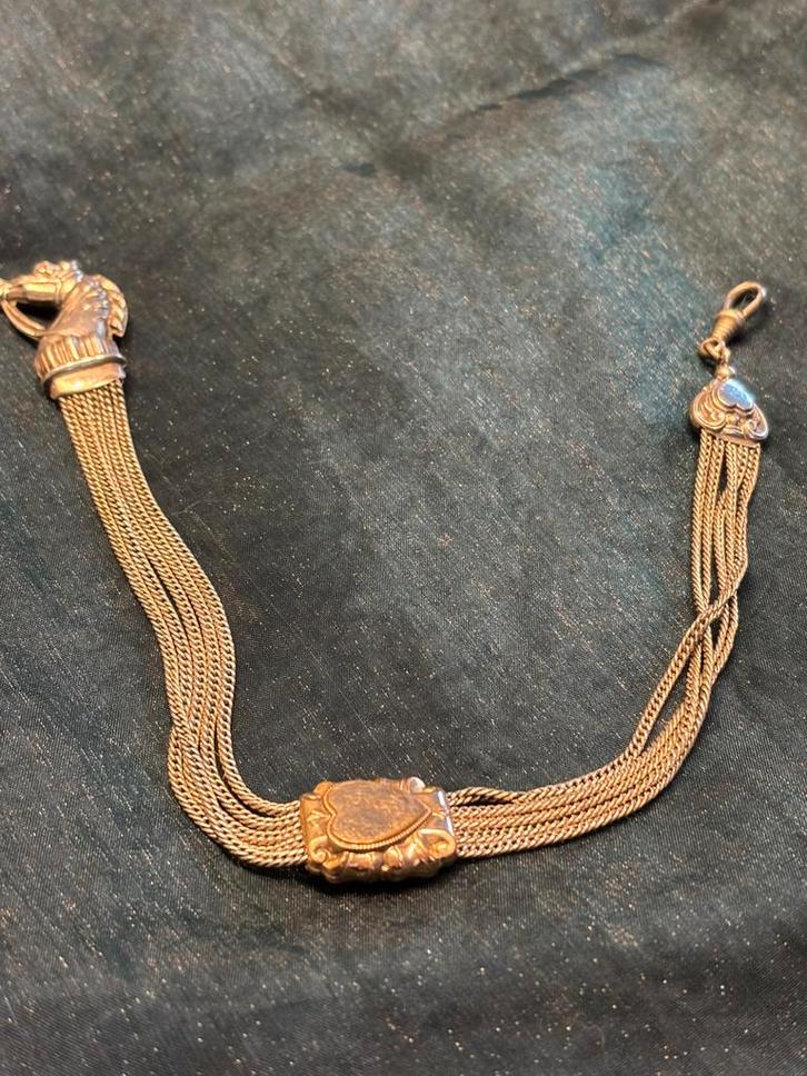 Antieke horlogeketting zilver met vergulde schuif!, Sieraden, Tassen en Uiterlijk, Antieke sieraden, Zilver, Verguld, Ophalen of Verzenden