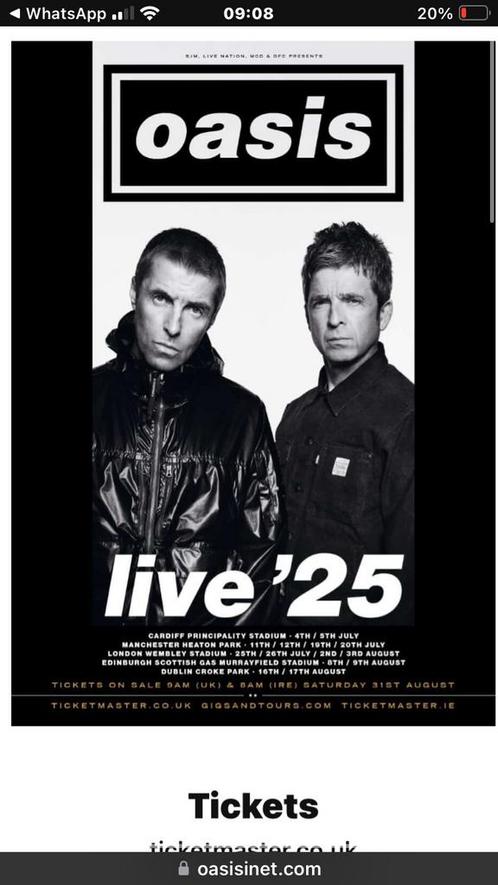 Oasis - 3rd August - 4 x Standing Tickets, Tickets en Kaartjes, Concerten | Pop, Twee personen