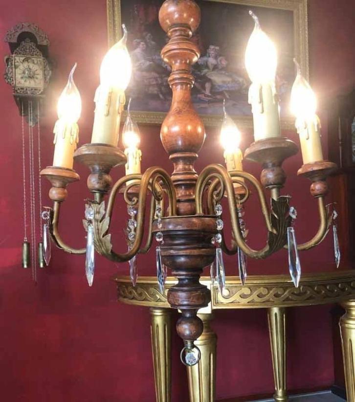 Antieke brocante kroonluchter / hanglamp hout, Huis en Inrichting, Lampen | Kroonluchters, Gebruikt, Hout, Ophalen of Verzenden