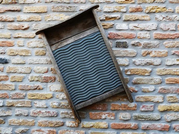 Oud wasbord van zink en hout van ca. 1930 muziekinstrument, Antiek en Kunst, Curiosa en Brocante, Ophalen of Verzenden