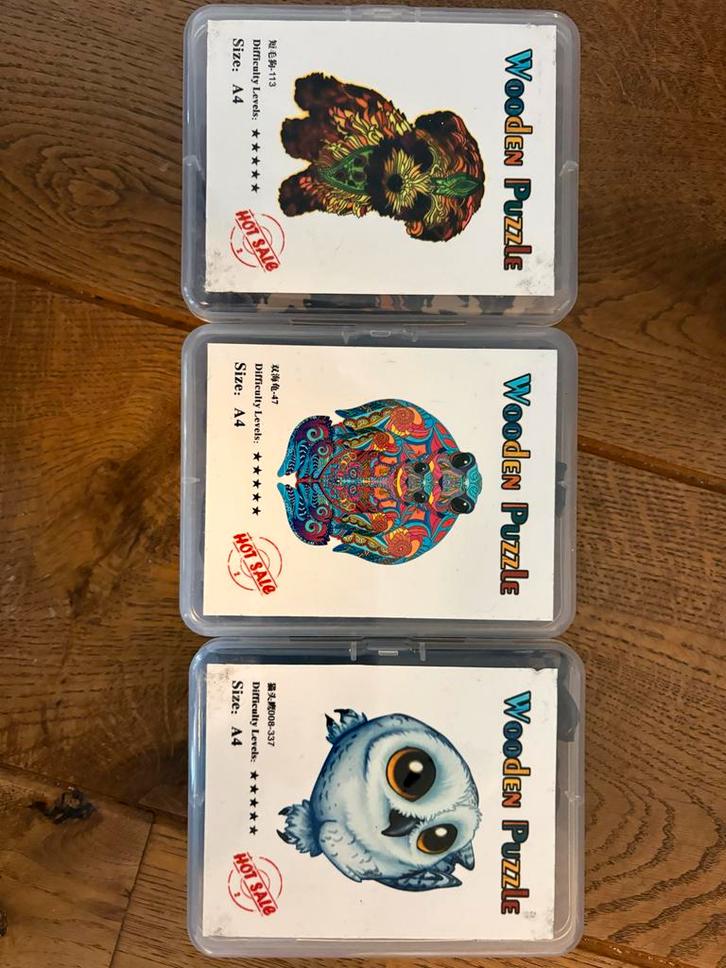 3 Houten Dierenpuzzels - Uil, Hond, schildpad, Kinderen en Baby's, Speelgoed | Kinderpuzzels, Zo goed als nieuw, 6 jaar of ouder