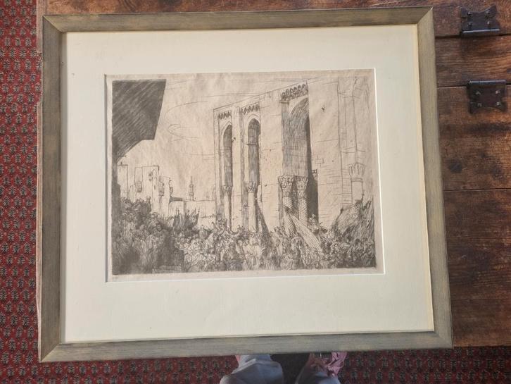 Ets van Marius Bauer gesigneerd.Intocht van de Pelgrims., Antiek en Kunst, Kunst | Etsen en Gravures, Ophalen