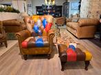 NIEUW: CHESTERFIELD PATCHWORK LEER FAUTEUIL Bradley + poef, Huis en Inrichting, Fauteuils, Ophalen of Verzenden, Nieuw, Leer, 75 tot 100 cm
