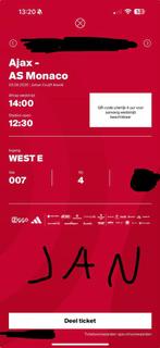 Ajax Monaco 1 kaart vak 007, Tickets en Kaartjes