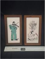 2 vintage Pierrot clown porcelain wall tiles wood frames 20, Ophalen of Verzenden