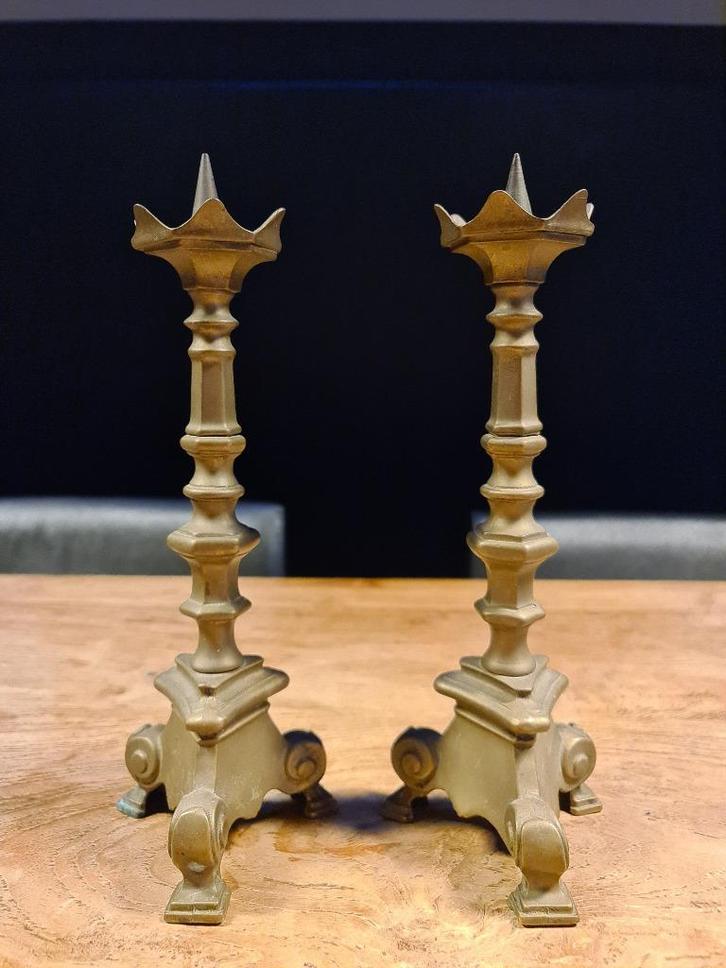 set koperen bronzen kandelaar pen-kandelaars 24cm hoog, Antiek en Kunst, Antiek | Kandelaars, Koper of Brons, Ophalen of Verzenden