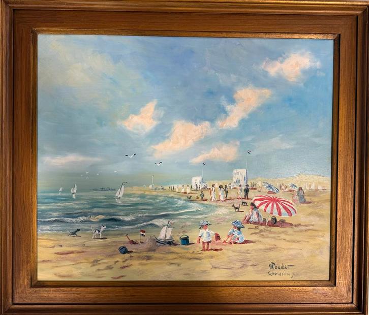 H. Poeder – Zonnige Dag aan het Strand van Scheveningen, Antiek en Kunst, Kunst | Schilderijen | Klassiek, Ophalen