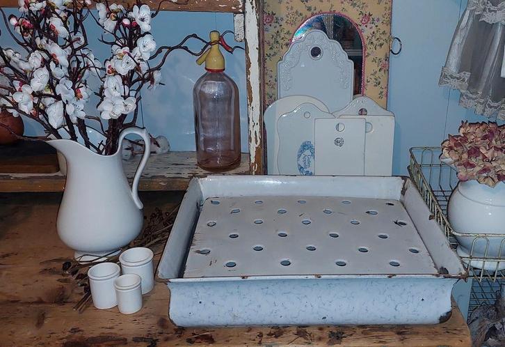 Emaille lekbak, uitlekbak, blauw geaderd., Antiek en Kunst, Antiek | Emaille, Ophalen of Verzenden