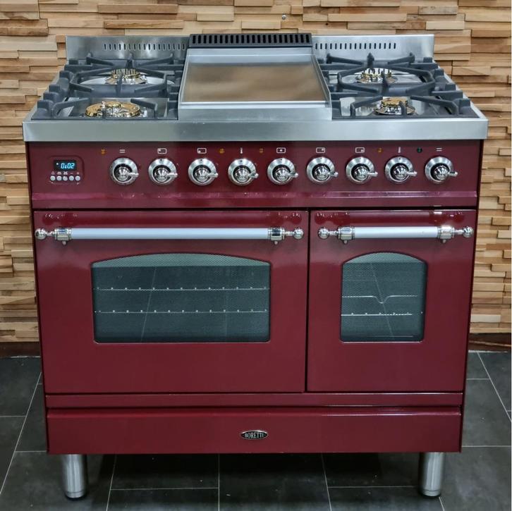 Luxe Fornuis Boretti 90cm bordeaux rood + rvs GASOVEN, Witgoed en Apparatuur, Fornuizen, Zo goed als nieuw, Vrijstaand, Gas, 5 kookzones of meer