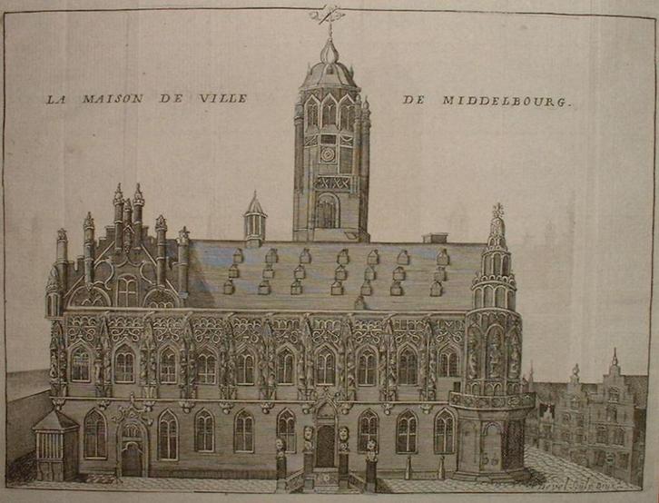 Gravure Stadhuis van Middelburg Jacobus Harrewijn 1720, Antiek en Kunst, Kunst | Etsen en Gravures, Ophalen of Verzenden