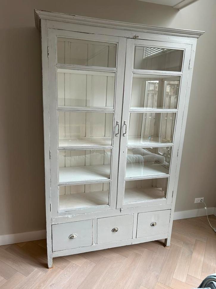 Teak houten India buffet / vitrine kast, Huis en Inrichting, Kasten | Buffetkasten, Zo goed als nieuw, 200 cm of meer, 25 tot 50 cm