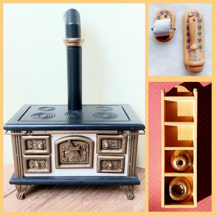 Bodo Hennig fornuis, keukenrek, bakvormen & toilet garnituur, Verzamelen, Poppenhuizen en Toebehoren, Zo goed als nieuw, Poppenhuis