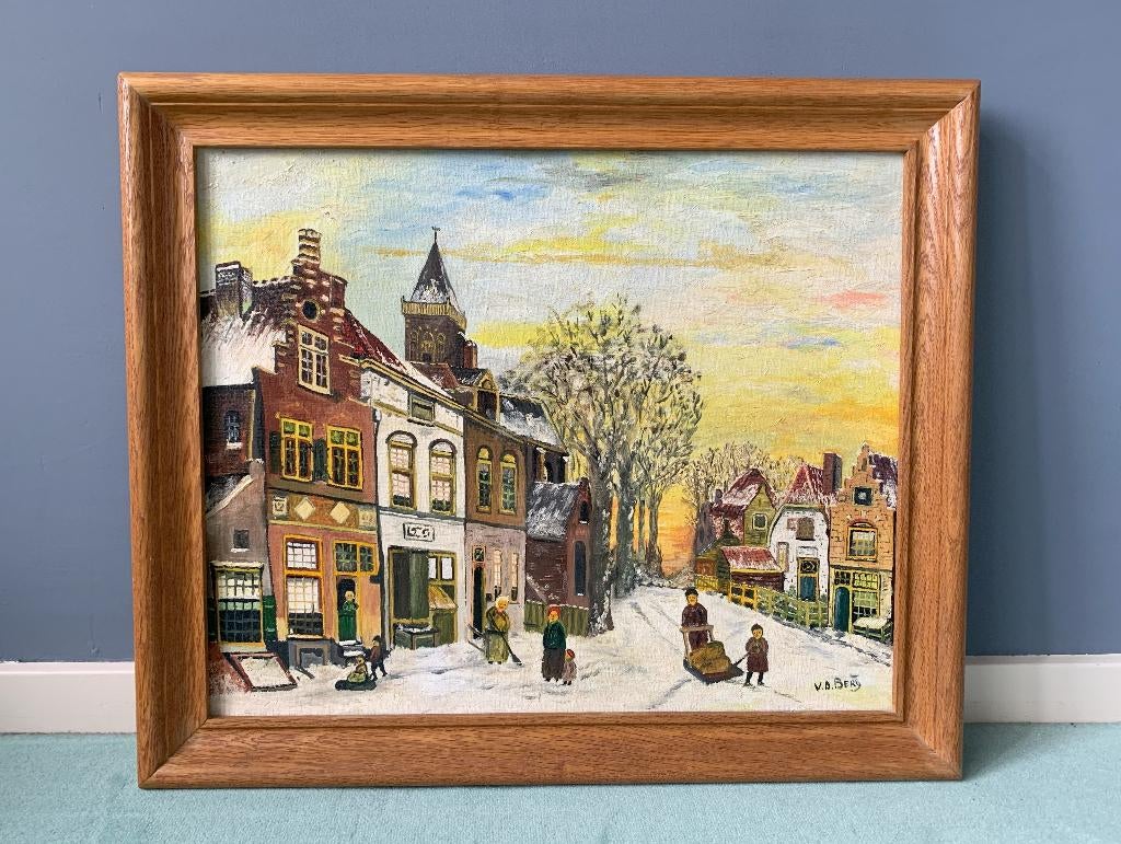 Olieverfschilderij Winter Eikenhout lijst 47 x 57 cm Sneeuw, Antiek en Kunst, Kunst | Schilderijen | Klassiek, Ophalen of Verzenden