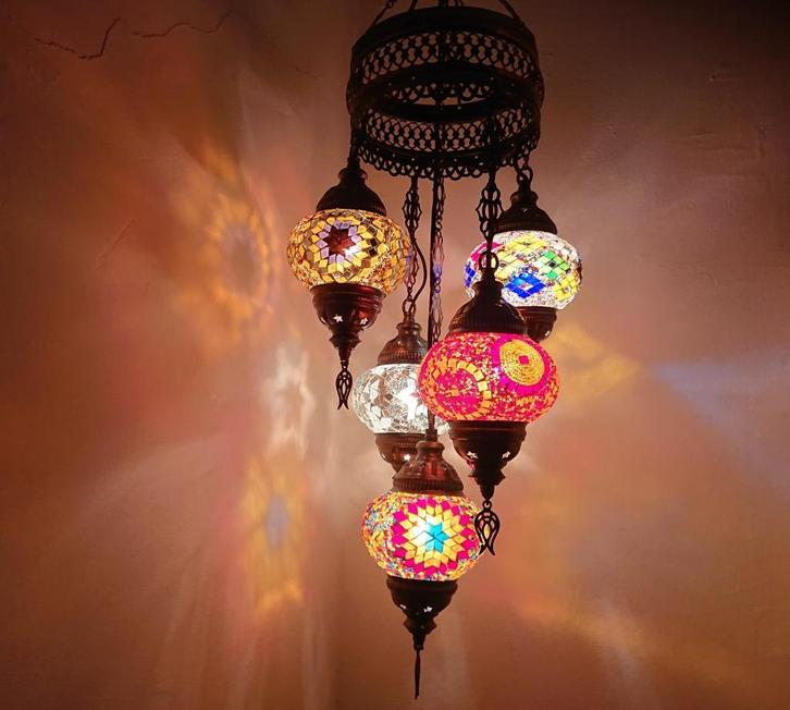 Oosterse Arabische kroonluchter hanglamp glasmozaiek set 5, Huis en Inrichting, Lampen | Hanglampen, Nieuw, 75 cm of meer, Glas