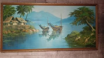 Olieverfschilderij Tropisch Aziatisch Tafereel met Boten beschikbaar voor biedingen