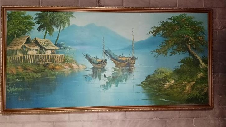 Olieverfschilderij Tropisch Aziatisch Tafereel met Boten, Antiek en Kunst, Kunst | Schilderijen | Klassiek, Ophalen