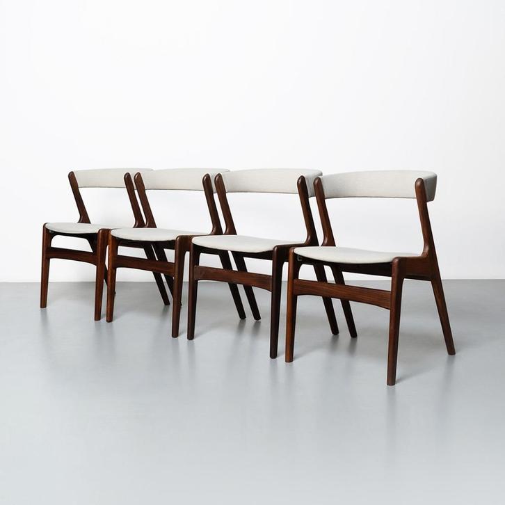 Vintage Deense eetkamerstoelen, set van 4, Huis en Inrichting, Stoelen, Gebruikt, Vier, Hout, Stof, Overige kleuren, Ophalen