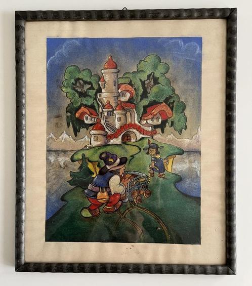 Kleurige oude potlood tekening van kasteel voor kinderkamer, Antiek en Kunst, Kunst | Tekeningen en Foto's, Ophalen of Verzenden