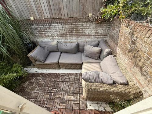 Loungebank 4 delen, grijze kussens, evt. losse delen, Tuin en Terras, Tuinsets en Loungesets, Gebruikt, Bank, Ophalen