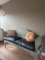 Brocante grenen (eet)bank incl. Pu leren kussens, Antiek en Kunst, Ophalen