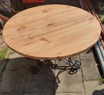 Ronde salontafel smeedijzer met houten vernist blad., Tuin en Terras, Ophalen, Zo goed als nieuw, Rechthoekig, Hout