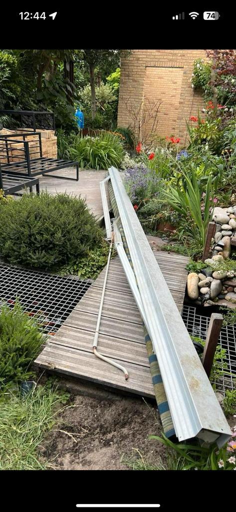 Zonnescherm 5m 2,3m uitval. Meganisch. Compleet, Tuin en Terras, Zonneschermen, Zo goed als nieuw, Knikarmscherm, Elektrisch, Ophalen