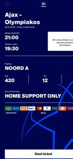 Ajax & Olympiakos 1x ticket, Tickets en Kaartjes, Eén persoon