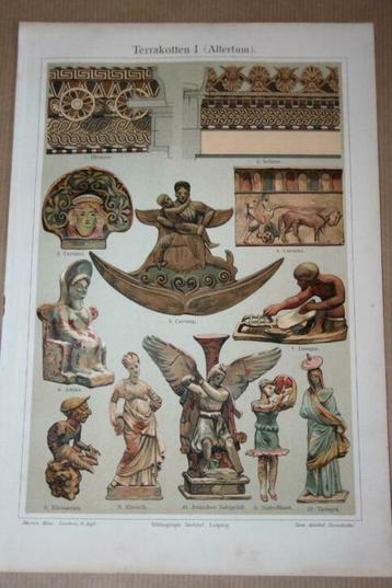 Antieke kleurenlitho - Terracottabeelden u/d Oudheid - 1900!