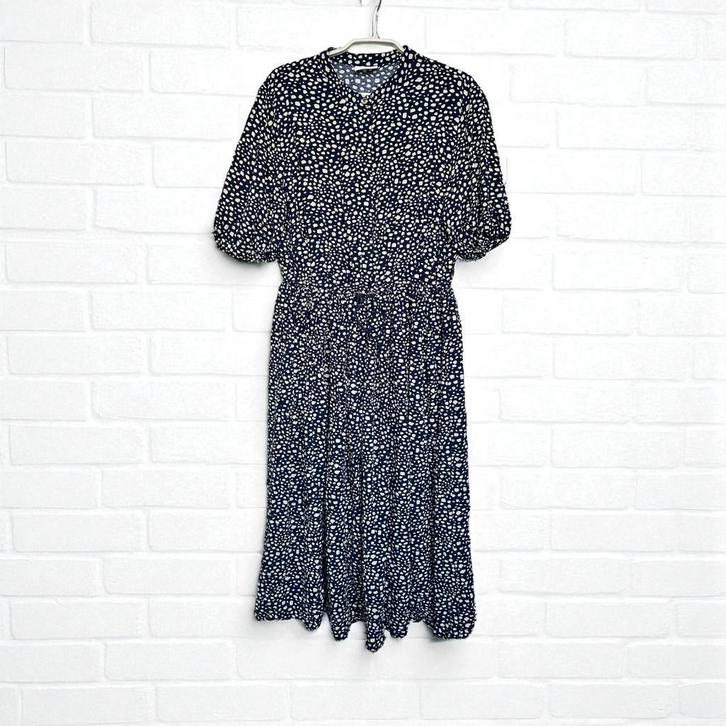 Vila Jurk Mt 40 Blauw Crème Abstract Polkadots Midi Pof Mouw, Kleding | Dames, Jurken, Zo goed als nieuw, Maat 38/40 (M), Blauw
