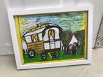 schilderij tekening landschap met woonwagen gesigneerd, Antiek en Kunst, Ophalen of Verzenden