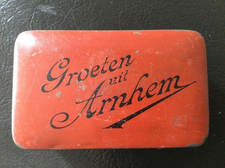 Vintage blikje – “Groeten uit Arnhem”., Verzamelen, Retro, Huis en Inrichting, Ophalen of Verzenden