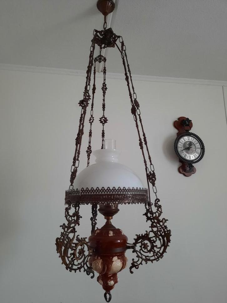 Antieke hanglamp met porselein en glas, Antiek en Kunst, Antiek | Lampen, Ophalen
