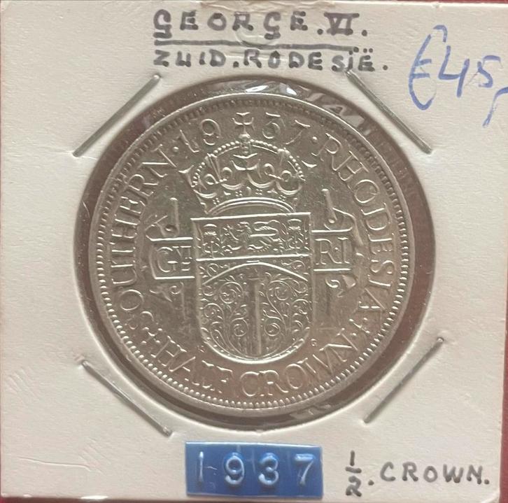 Zuid Rhodesië 1/2 Crown 1937 Zilver, Postzegels en Munten, Munten | Afrika, Losse munt, Overige landen, Zilver, Ophalen of Verzenden
