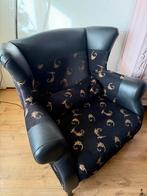 Royale zwarte fauteuil met lederen details, Ophalen, Gebruikt, Leer, 75 tot 100 cm