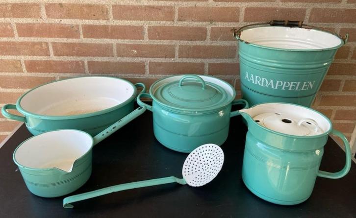 Vintage Emaille Set Pan Emmer Melkkoker Mint Groen, Antiek en Kunst, Antiek | Emaille, Ophalen