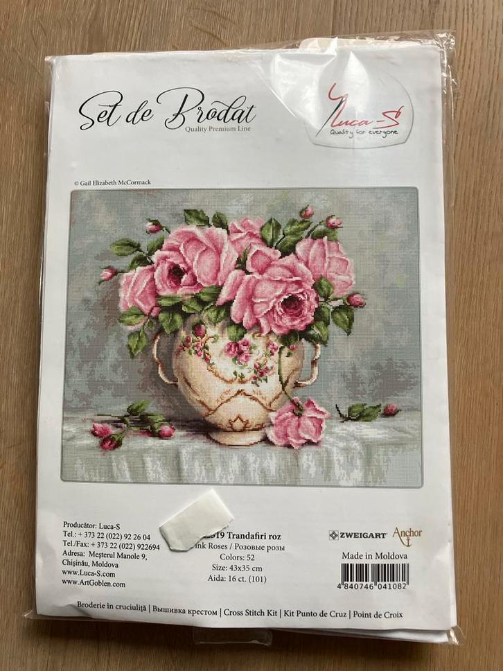 Luca-S Borduurpakket Roze Rozen - Nieuw, Hobby en Vrije tijd, Borduren en Borduurmachines, Nieuw, Borduurpakket, Handborduren